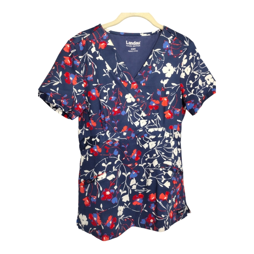 Landau Top Navy Floral Scrub Size XSM